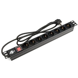 Блок розеток Atcom 1U 19" (PDU-8W-C2С-WS) 8 розеток, з вимикачем, ал. корпус, німецький тип, 2,0 м, чорний