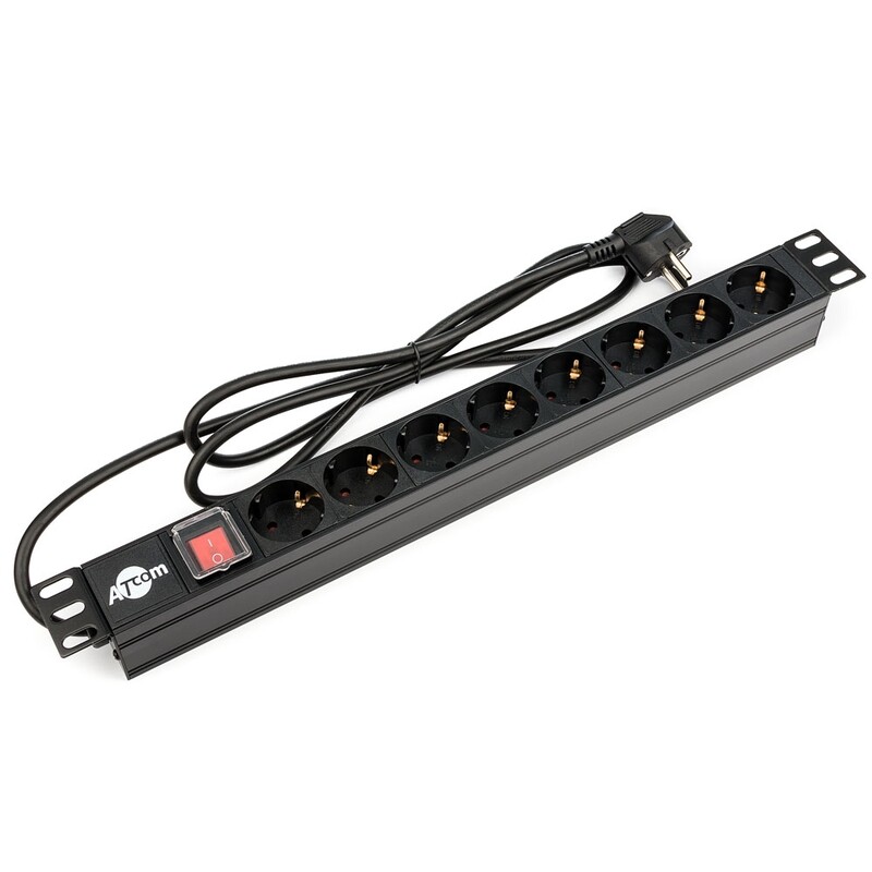 Блок розеток Atcom 1U 19" (PDU-8W-C2С-WS) 8 розеток, з вимикачем, ал. корпус, німецький тип, 2,0 м, чорний