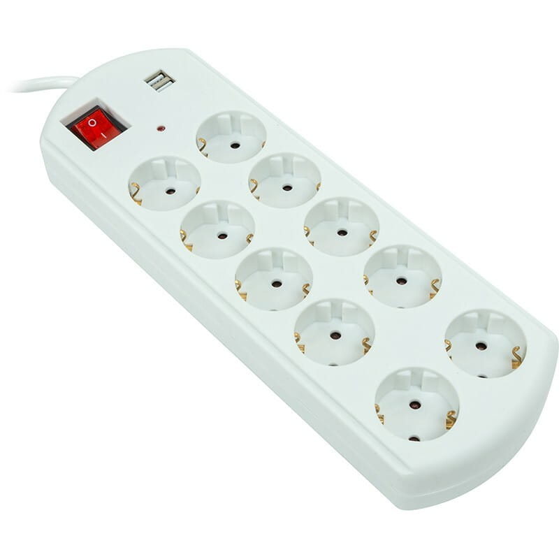 Фильтр питания PowerPlant YS-N6065/10 (EX610563) 10 розеток, 2xUSB, 10 м, евростандарт, белый