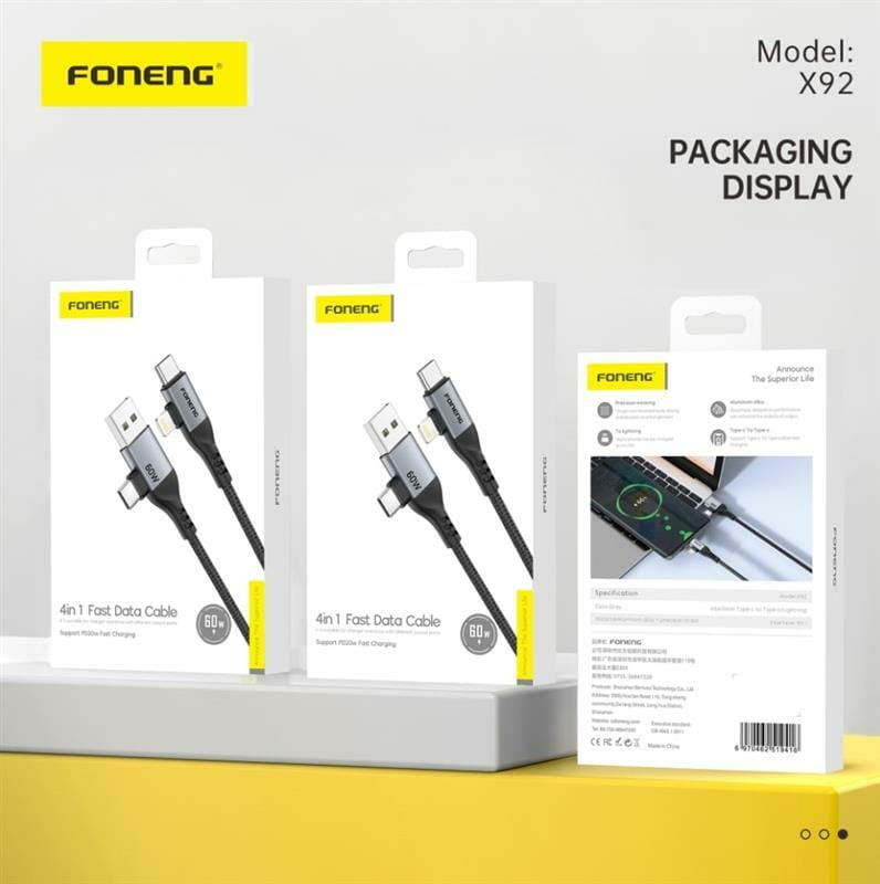 Кабель Foneng X92 4-in-1 (60W) USB/USB-C - USB-C/Lightning (M/M), 1 м, Black (X92-CA-FIO)