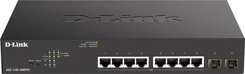 Комутатор D-Link DGS-1100-10MPV2 (8x1GE PoE, 2xSFP, max PoE 130W, EasySmart)