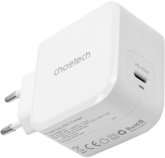 Мережевий зарядний пристрій Choetech GaN USB Type-C 45W PD 3.0 QC 3.0 PPS White (PD8007)