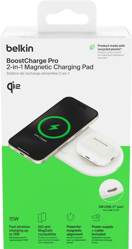 Безпровідний зарядний пристрій Belkin 2в1 Pad Qi2 White (WIZ021VFWH)