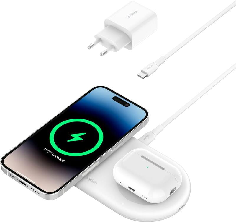 Безпровідний зарядний пристрій Belkin 2в1 Pad Qi2 White (WIZ021VFWH)
