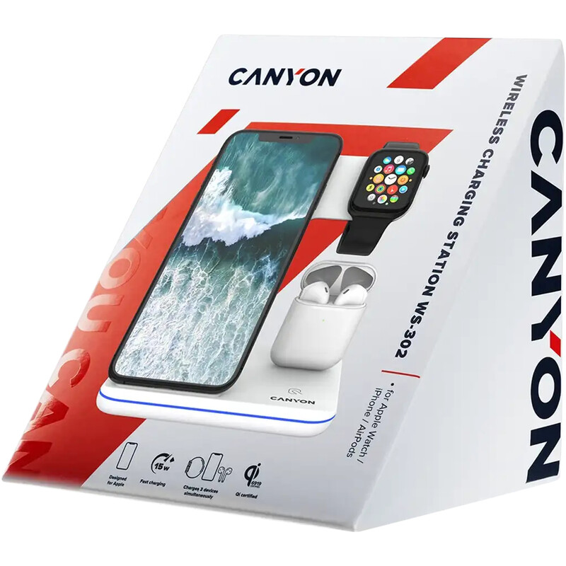 Бездротовий зарядний пристрій Canyon WS-302 15W 3in1 Black (CNS-WCS302B)