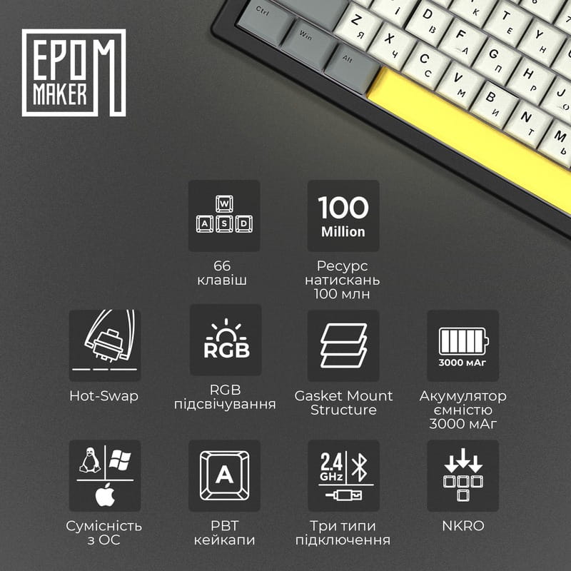 Клавиатура беспроводная Epomaker EK68 65% Budgerigar V2 Switch Hot-Swap (2.4G/BT/USB) RGB UA Black (EK68-B-BV2)