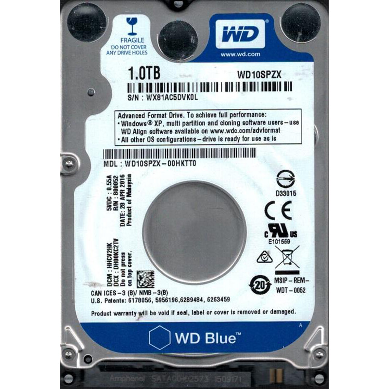 Накопитель HDD 2.5" SATA 1.0TB WD Blue 5400rpm 128MB (WD10SPZX) Refurbished