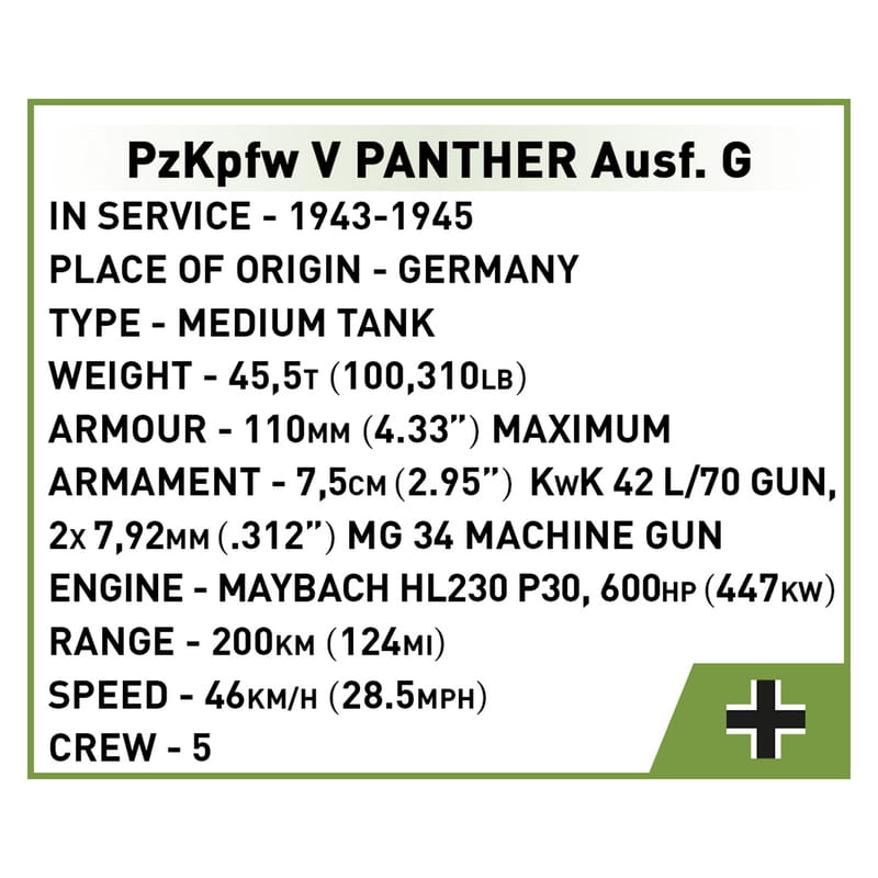 Конструктор COBI Друга Світова Війна Танк Panzer V Пантера, 298 деталей (COBI-2713)