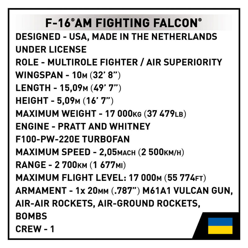 Конструктор COBI Самолет F-16AM Fighting Falcon (UA), 500 деталей (COBI-5893)