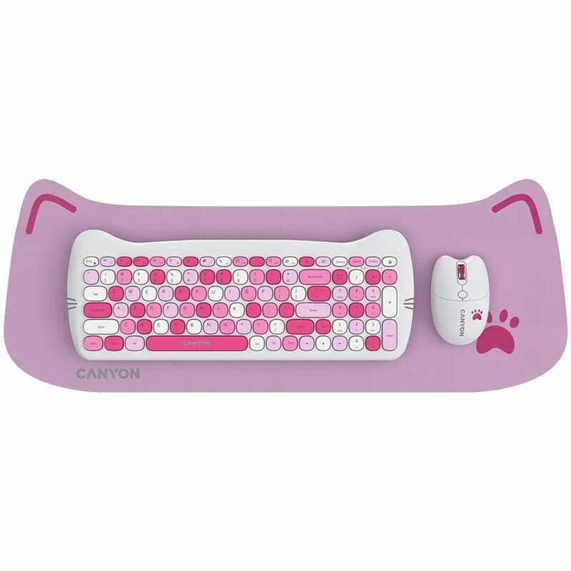 Комплект бездротовий (клавіатура, миша) Canyon HSET-W6 Kitty Edition Pink (CNS-HSETW6PK)