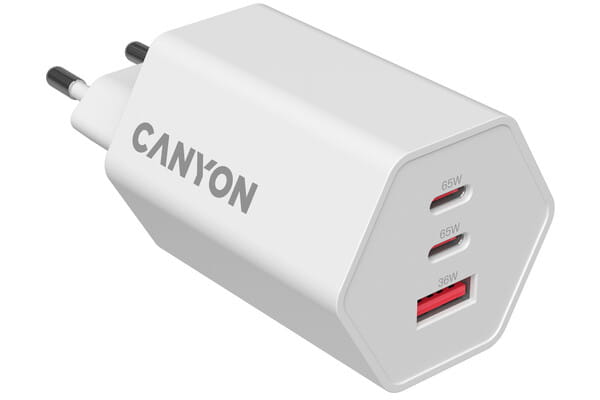 Сетевое зарядное устройство Canyon Exagon 65 GaN 65W 2xPD 1xQC EU White (CND-CHAHEX65W)