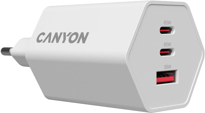 Сетевое зарядное устройство Canyon Exagon 65 GaN 65W 2xPD 1xQC EU White (CND-CHAHEX65W)