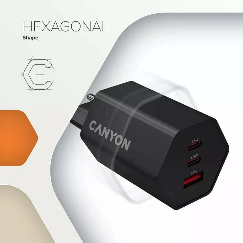 Мережевий зарядний пристрій Canyon Exagon 65 GaN 65W 2xPD 1xQC EU Black (CND-CHAHEX65B)