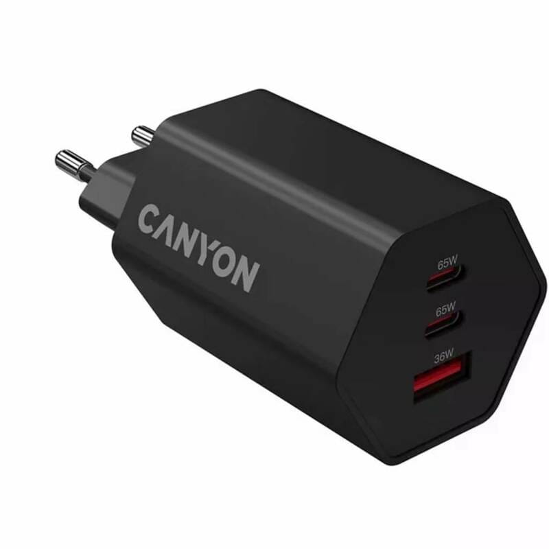 Мережевий зарядний пристрій Canyon Exagon 65 GaN 65W 2xPD 1xQC EU Black (CND-CHAHEX65B)