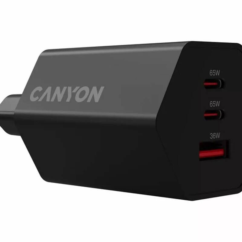 Мережевий зарядний пристрій Canyon Exagon 65 GaN 65W 2xPD 1xQC EU Black (CND-CHAHEX65B)