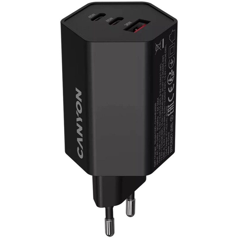 Мережевий зарядний пристрій Canyon Exagon 65 GaN 65W 2xPD 1xQC EU Black (CND-CHAHEX65B)