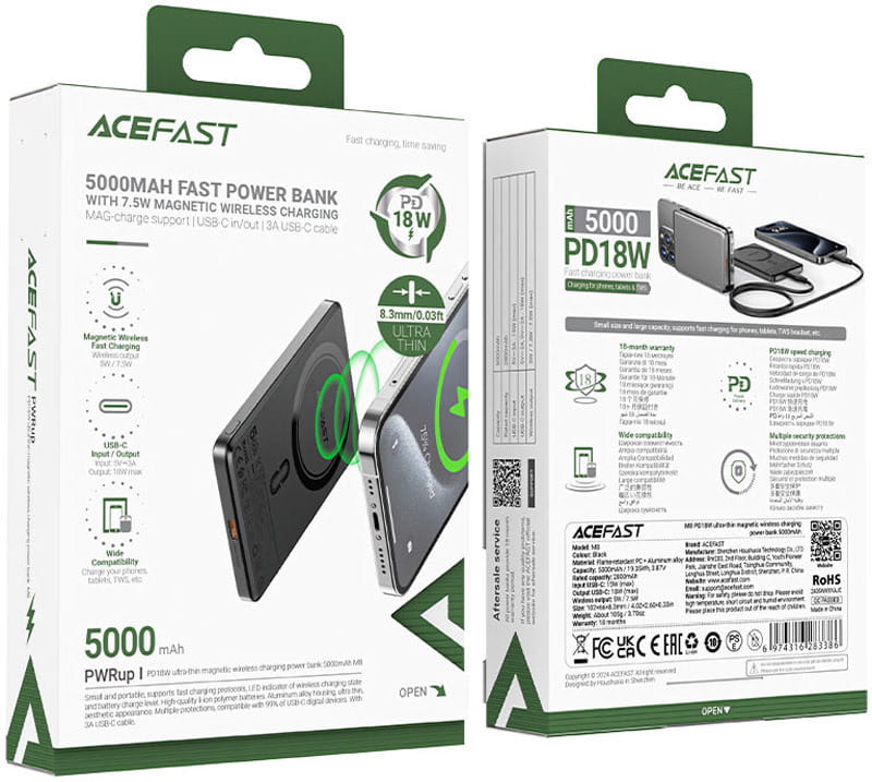 Універсальна мобільна батарея Acefast Magnetic M8 5000mAh 18W Ultra Thin Black (6974316283386)