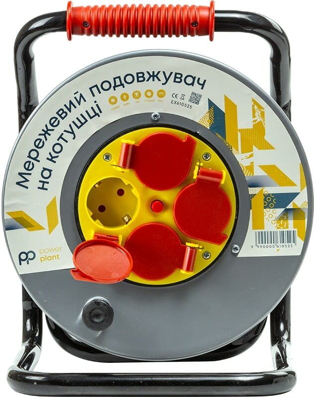 Удлинитель на катушке PowerPlant JY-20022/25 4 розетки,16А, 3x2.5мм, 25 м, 100% медь Grey (EX610525)