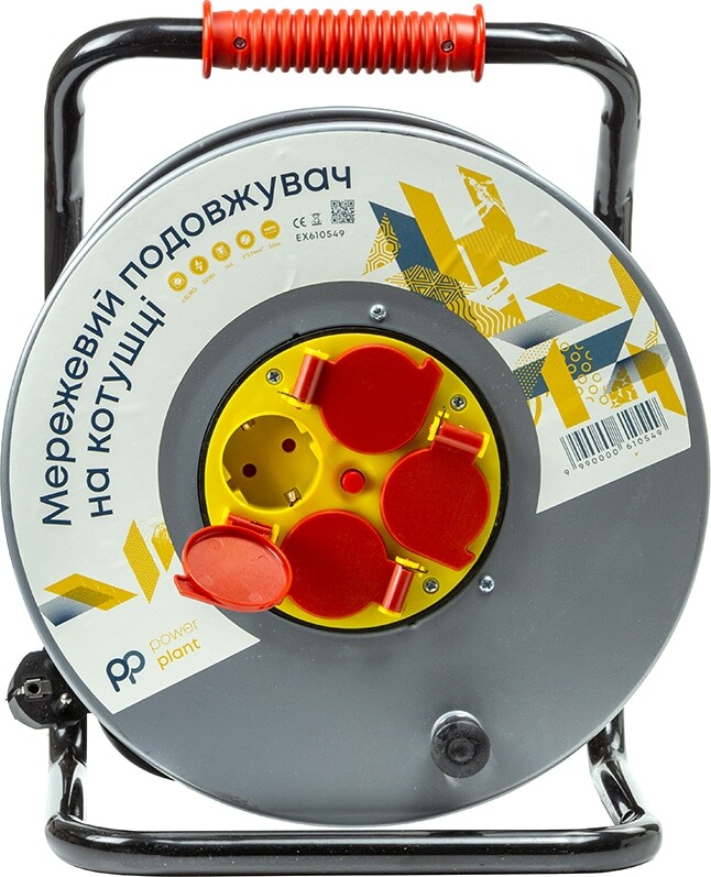 Подовжувач на котушці PowerPlant JY-20022/50 4 розетки, 16А, 3x2.5мм, 50 м, 100% мідь Grey (EX610549)