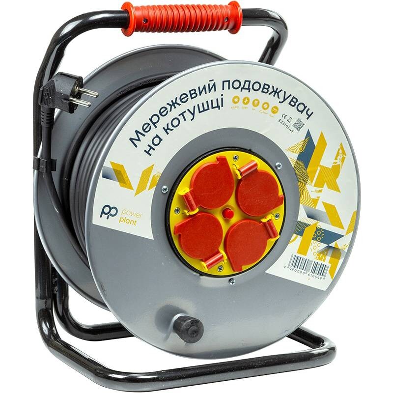 Подовжувач на котушці PowerPlant JY-20022/50 4 розетки, 16А, 3x2.5мм, 50 м, 100% мідь Grey (EX610549)