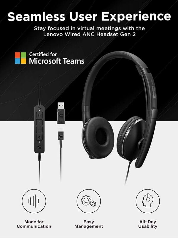 Гарнiтура Lenovo Wired ANC Headset Black (4XD1M45627)