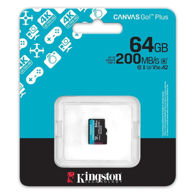 Карта памяти MicroSDXC   64GB UHS-I/U3 Class 10 Kingston Canvas Go! Plus R200/W200MB/s (SDCG4/64GBSP)