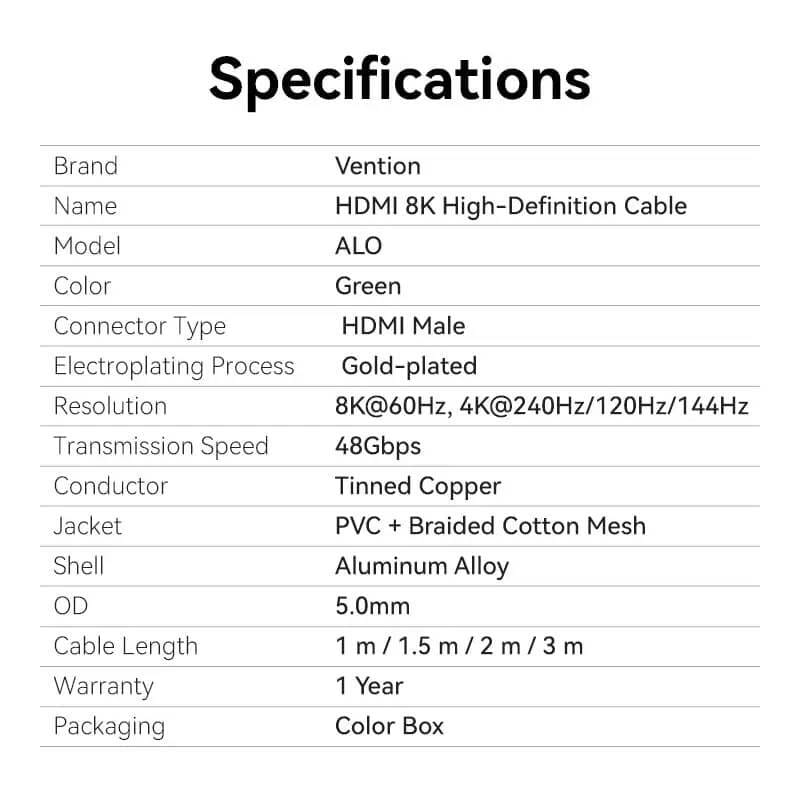 Кабель Vention HDMI - HDMI V 2.1 (M/M), 1,5 м, Green (ALOGG)