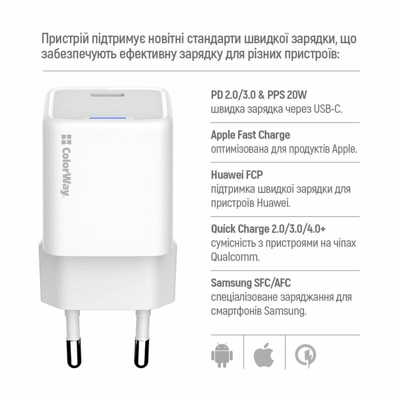 Сетевое зарядное устройство ColorWay GaN Mini 20W PD Port PPS USB-C White (CW-CHS059PD-WT)