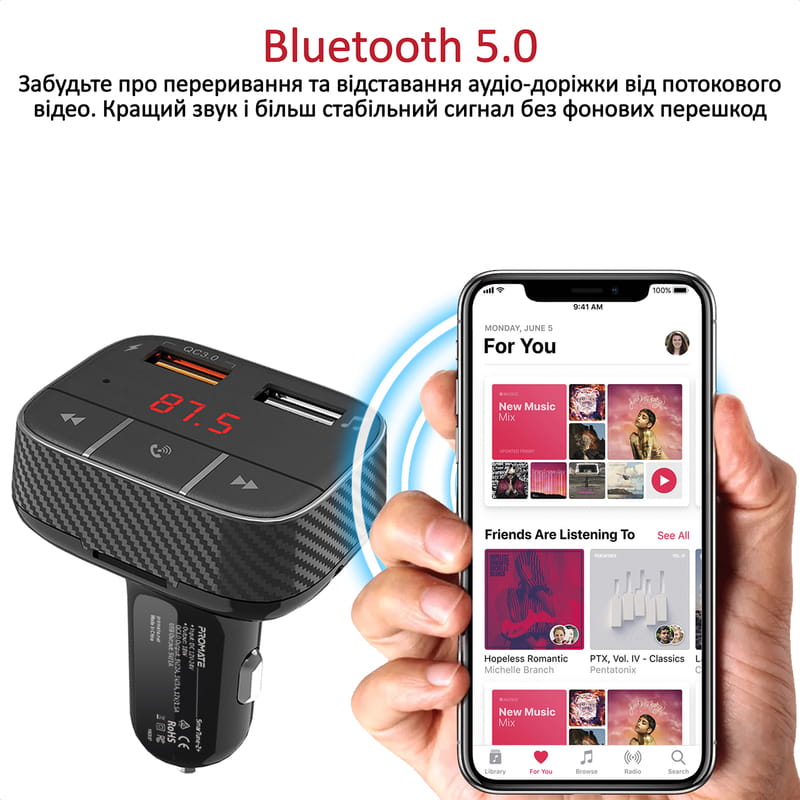FM-трансмиттер Promate SmarTune-2+ Black