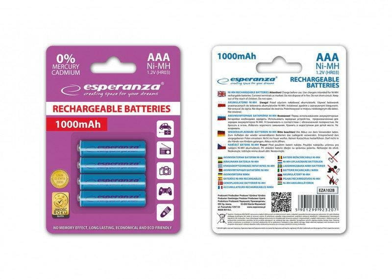 Аккумулятор Esperanza Ni-MH AAA/HR03 1000 mAh BL 4шт Blue