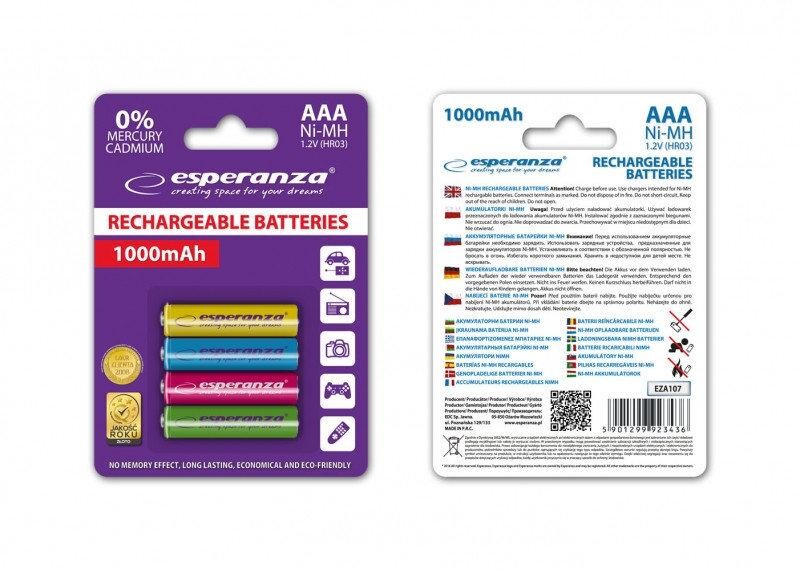 Акумулятор Esperanza Ni-MH AAA/HR03 1000 mAh BL 4шт Mix