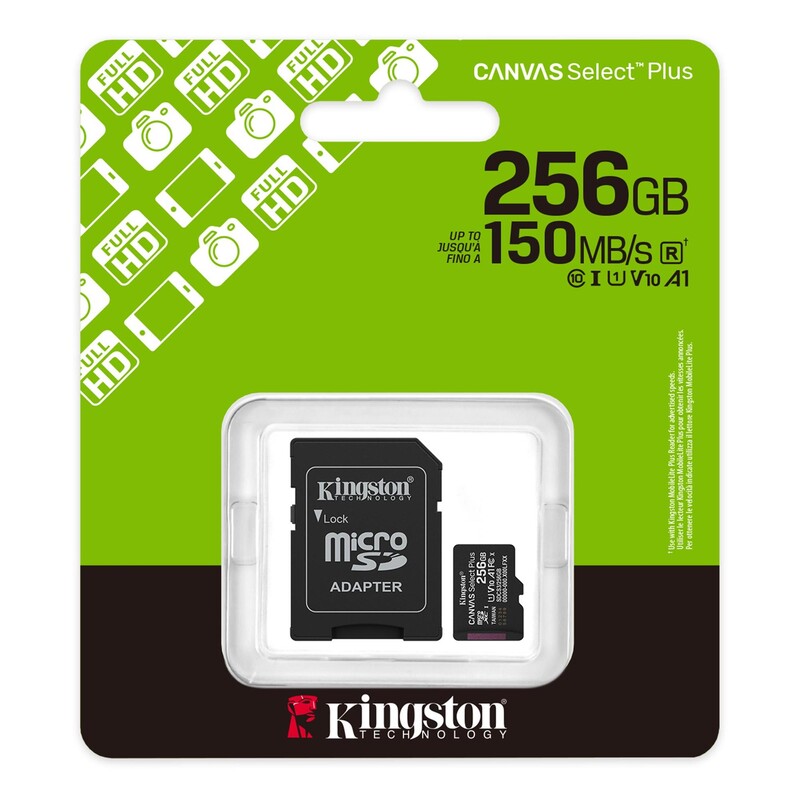 Карта пам`яті MicroSDXC 256GB UHS-I Class 10 Kingston Canvas Select Plus R150MB/s + SD-адаптер (SDCS3/256GB)