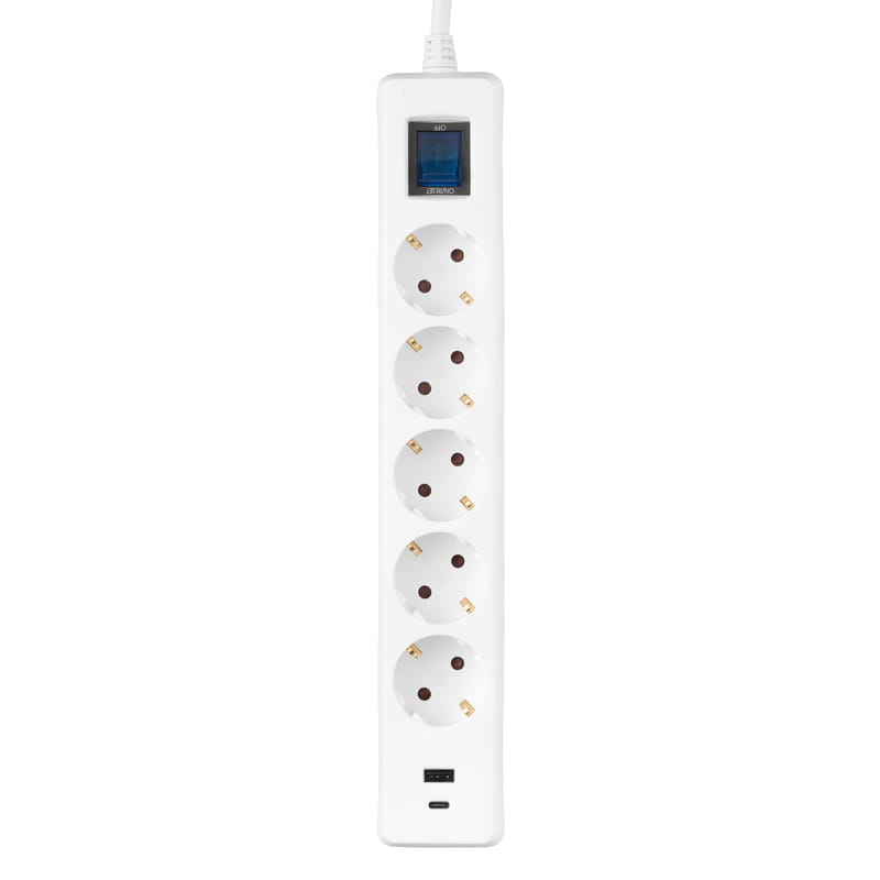 Мережевий фільтр 2E 5хSchuko, 1 х USB, 1 x USB-C, 3 м (2E-SP515M3USBWH)