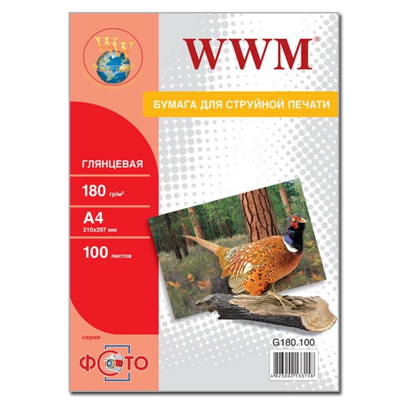 Фотопапiр WWM Photo глянсовий 180г/м2 A4 100л (G180.100)