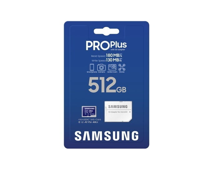 Карта памяти MicroSDXC 512GB UHS-I/U3 Class 10 Samsung Pro Plus R180/W130MB/s + SD-адаптер (MB-MD512SB/WW)