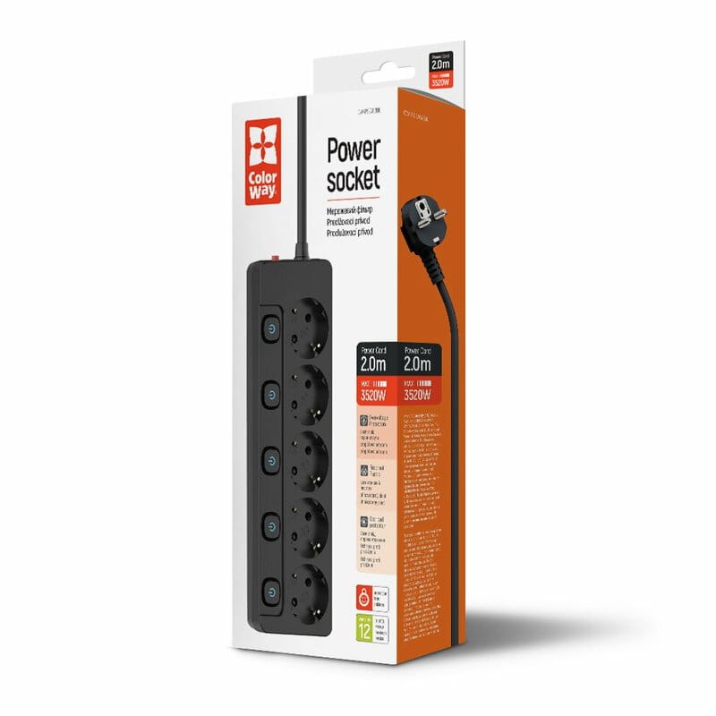 Фильтр питания СolorWay (CW-PSEA52SBK) 5 розеток, 2м, Black