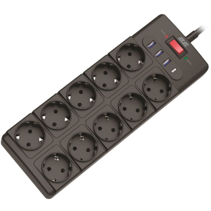 Сетевой фильтр 2E 10xТипF, 16A, 3xUSB-A, 1x USB-C, 3 м, чёрный (2E-SP10M3USBBK)