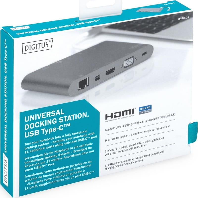 Док-станция Digitus USB-C USB3.0х3/USB-C/SD/MicroSD/HDMI/VGA/miniDisplayPort/RJ45/Audio (DA-70875)