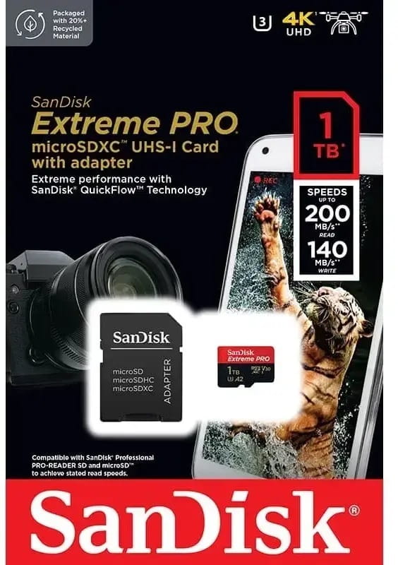 Карта пам`ятi MicroSDXC 1TB UHS-I R200/W140MB/s SanDisk Extreme Pro V30 U3 + SD Adapter (SDSQXCD-1T00-GN6MA)