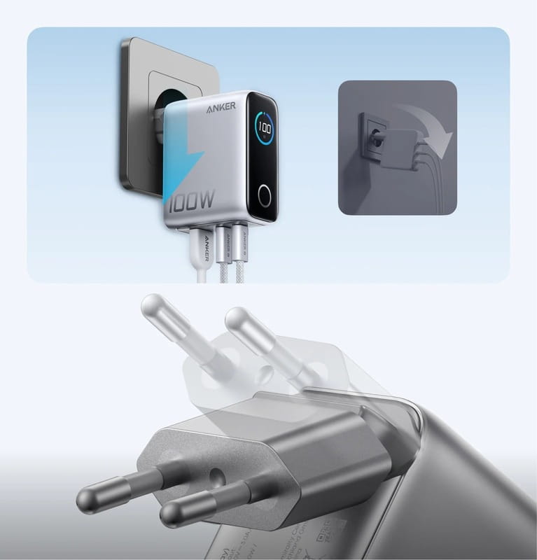 Мережевий зарядний пристрій Anker GaN Charger 100W, 2xUSB-C, 1xUSB-A, Display Silver (B121BG41) + кабель USB Type-C
