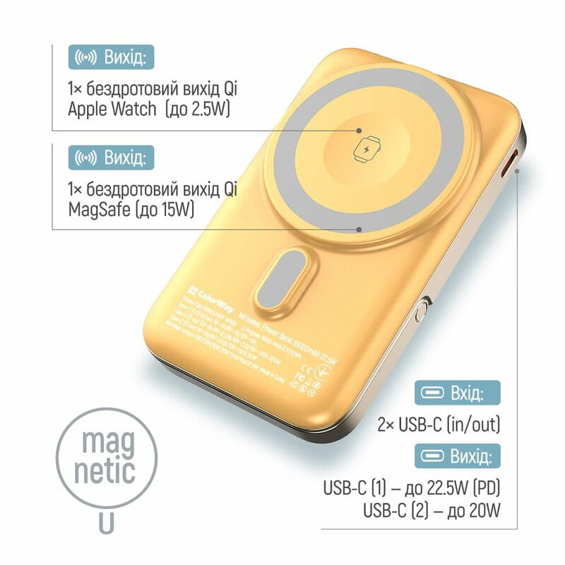 Універсальна мобільна батарея ColorWay 15W MagSafe & Watch Wireless 10000mAh Amber (CW-PB100LPA2Y-WPDD)