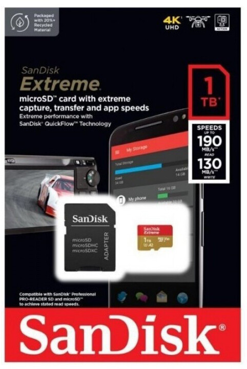 Карта пам`ятi MicroSDXC 1TB UHS-I Class 10 R190/W130MB/s SanDisk Extreme V30 A2 U3 + SD Adapter (SDSQXAV-1T00-GN6MA)