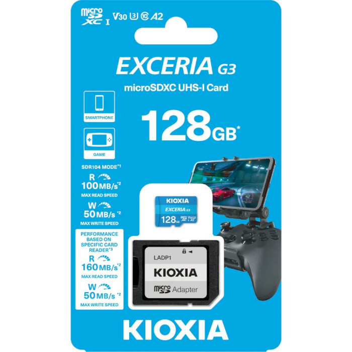 Карта памяти MicroSDXC 128GB UHS-1 U3 Class 10 Kioxia Exceria G3 V30 + SD-адаптер (LMEX3L128GG2)