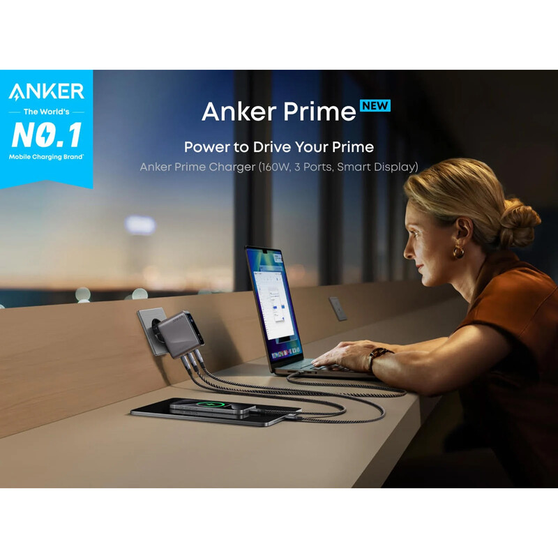 Сетевое зарядное устройство Anker GaN Prime Charger 160W, 3xUSB-C, Display Silver (A2687341)