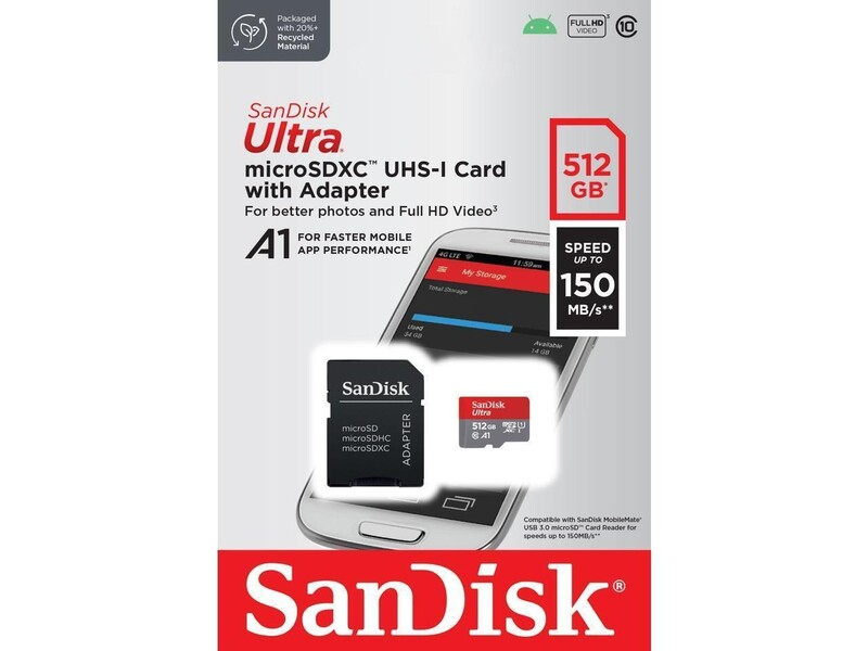 Карта памяти MicroSDXC 512GB UHS-I Class 10 SanDisk Ultra A1 R150MB/s + SD-adapter (SDSQUAC-512G-GN6MA)
