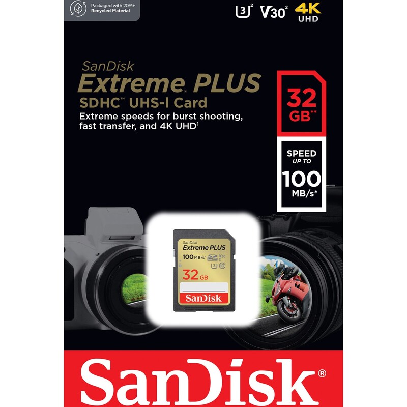 Карта пам`яті SDHC 32GB UHS-I/U3 Class 10 SanDisk Extreme Plus R100/W60MB/s (SDSDXWT-032G-GNCIN)