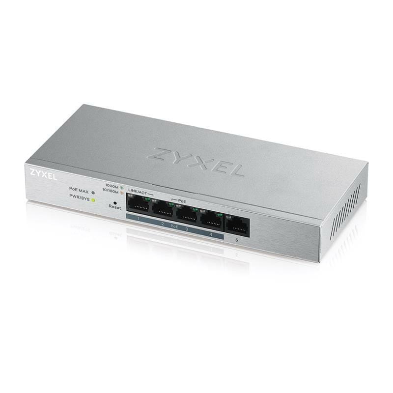 Коммутатор ZYXEL GS1200-5HP v2 (GS1200-5HPV2-EU0101F) (1xGE, 4хGE PoE, max 60W, металл, настольный, бесшумный, WebSmart)