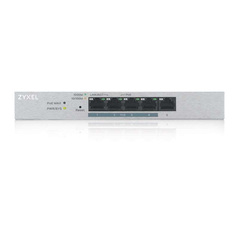 Коммутатор ZYXEL GS1200-5HP v2 (GS1200-5HPV2-EU0101F) (1xGE, 4хGE PoE, max 60W, металл, настольный, бесшумный, WebSmart)