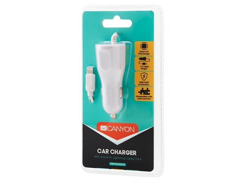 Автомобильное зарядное устройство Canyon (1USB, 2.4A) White (CNE-CCA033W) + кабель Lightning