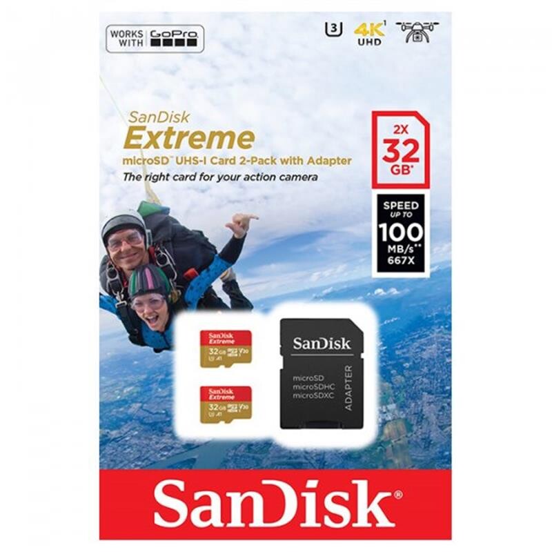Карта пам`ятi MicroSDHC 32GB UHS-I/U3 Class 10 SanDisk Extreme A1 R100/W60MB/s + SD-adapter Twin Pack (SDSQXAF-032G-GN6AT)